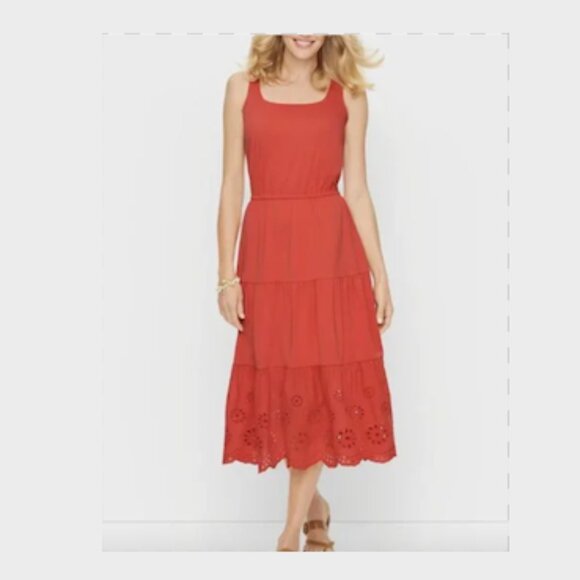 Talbot's Fit & Flare Coral Tiered Eyelet Ruffle Midi Dress Medium - Picture 3 of 13